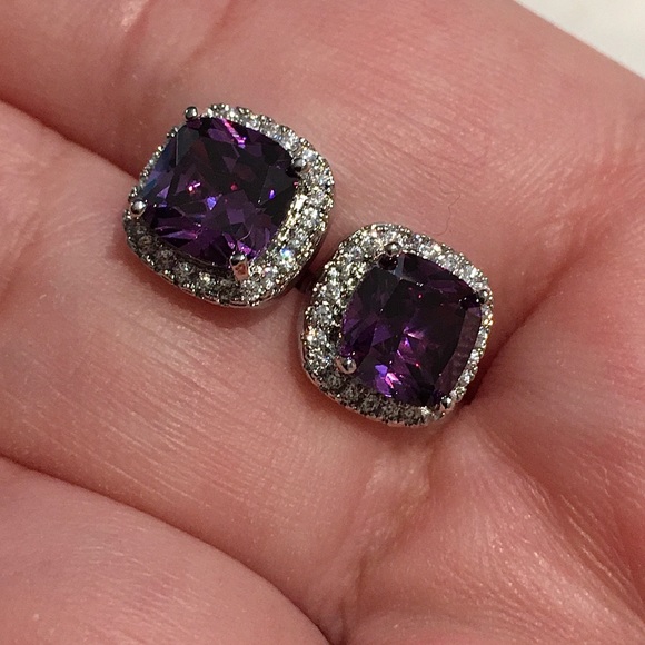 925 Silver Amethyst & Sapphire Halo Cut Earrings - Picture 5 of 12